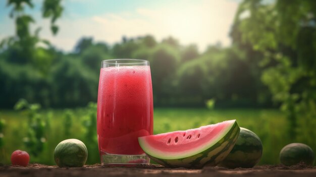 A glass of watermelon juice sits on a table in front of a field.