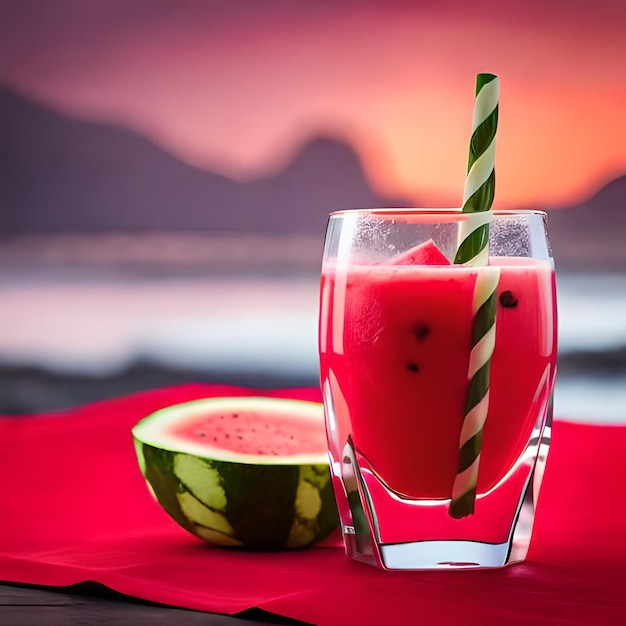 A glass of watermelon juice with a green and white striped straw.