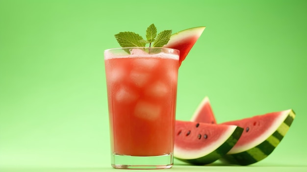 A glass of watermelon juice with a mint leaf on the side.