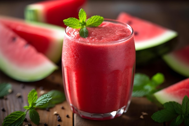 A glass of watermelon juice with mint leaves on the table