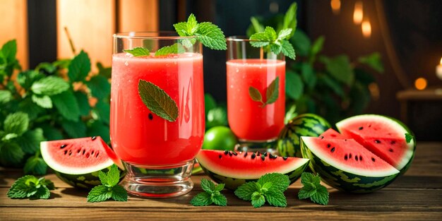 A glass of watermelon juice with mint leaves on a wooden table