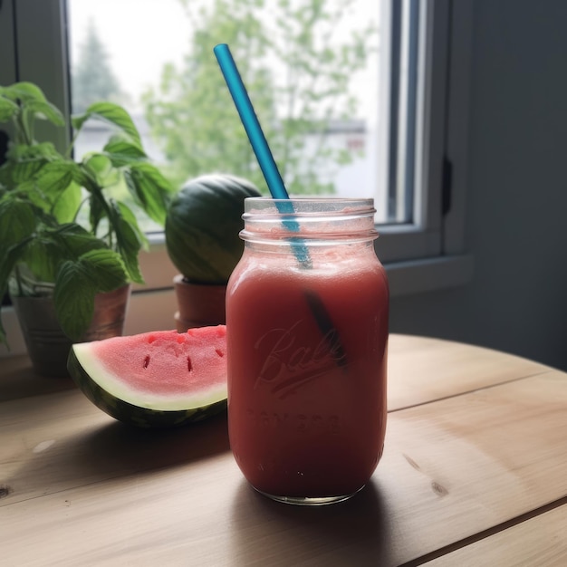 A glass of watermelon juice with a straw in it.