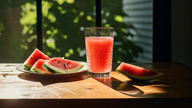 a glass of watermelon next to a plate of watermelon