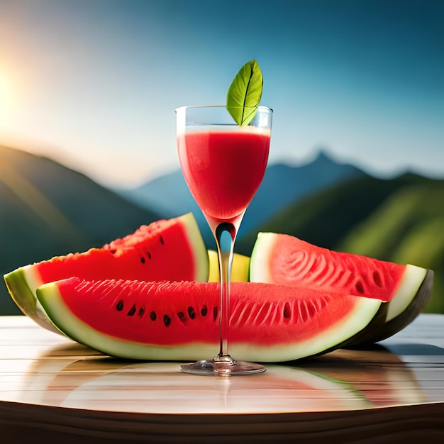 A glass of watermelon next to a slice of watermelon.