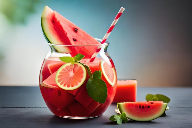 a glass of watermelon water with a straw in it