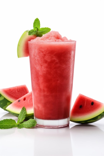 a glass of watermelon and watermelon with green leaves