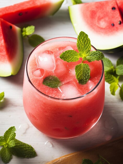 a glass of watermelon with ice and mint leaves