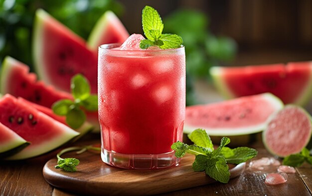 a glass of watermelon with mint leaves and a slice of lime