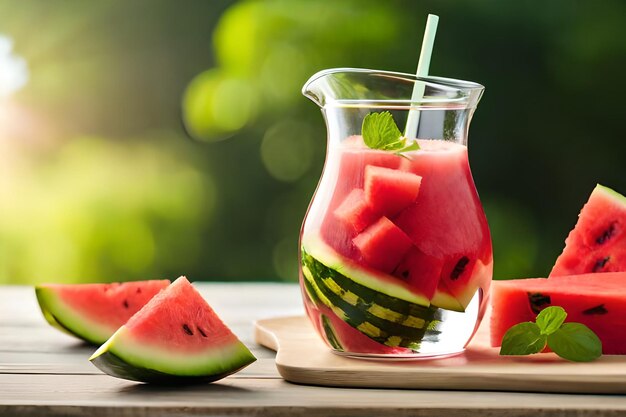 A glass of watermelon with a strawberries in it