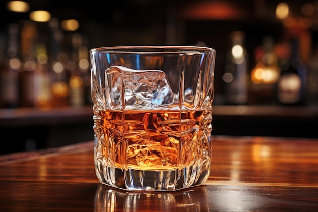 a glass of whiskey on a bar counter