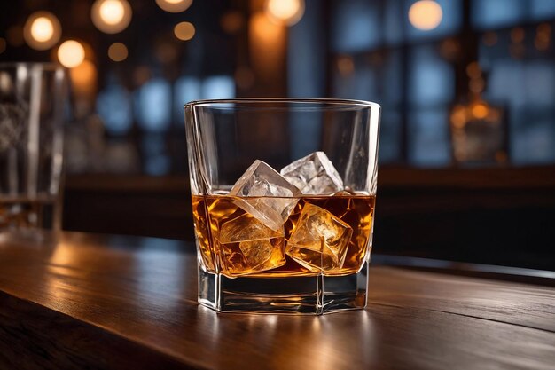 a glass of whiskey on the bar in front of the bar