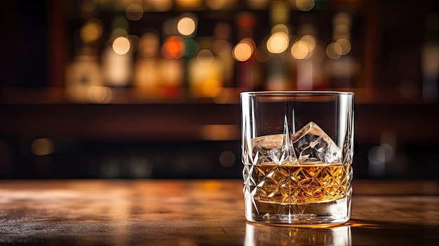 A glass of whiskey on the bar table behind the bar