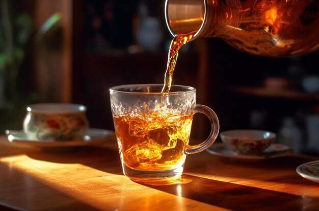 A glass of whiskey being poured into a cup