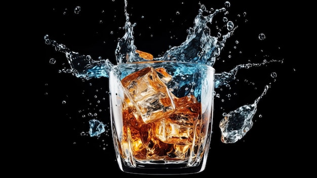 氷の破片が投げ込まれ、飛沫が飛ぶ黒い背景にウイスキーのグラス