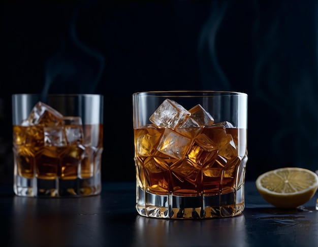 A glass of Whiskey on a black background