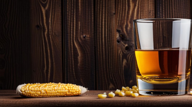 Photo a glass of whiskey next to a corn on a table