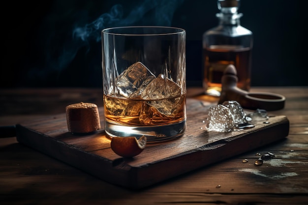 A glass of whiskey and a glass of whiskey on a wooden board with a cigar and a bottle of whiskey on the table.
