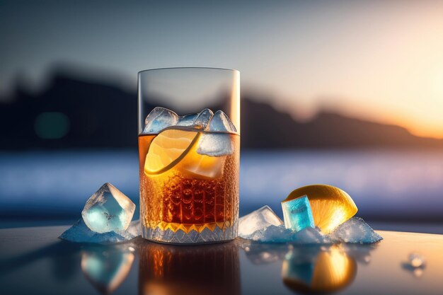 A glass of whiskey and ice with an ice surface in the background