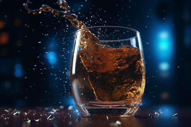 A glass of whiskey is poured into a glass with the word whiskey on it.