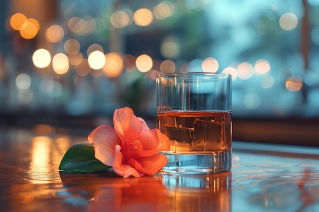 A glass of whiskey is on the table a flower lies next to it Blurred background