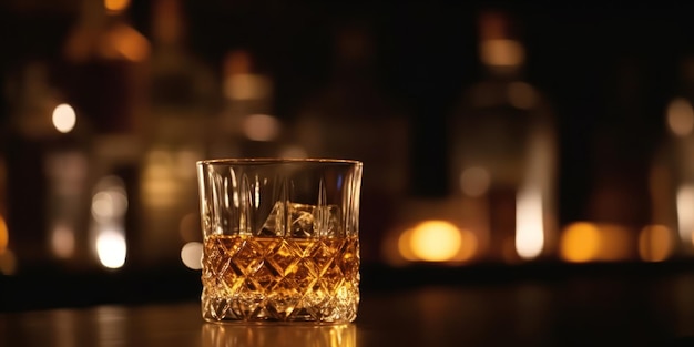 A glass of whiskey sits on a bar counter.