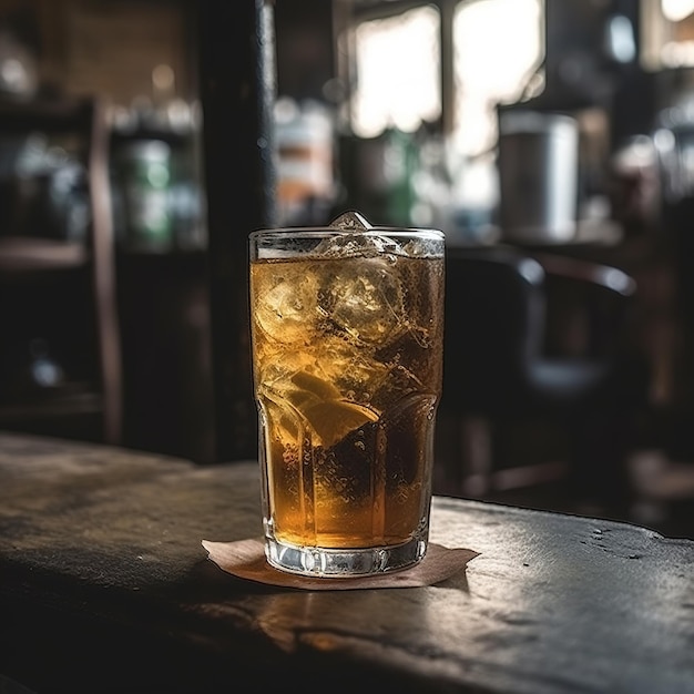 A glass of whiskey sits on a bar with a bar in the background.