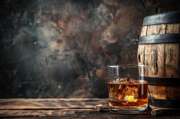 Photo a glass of whiskey sits next to a barrel with a cork in it