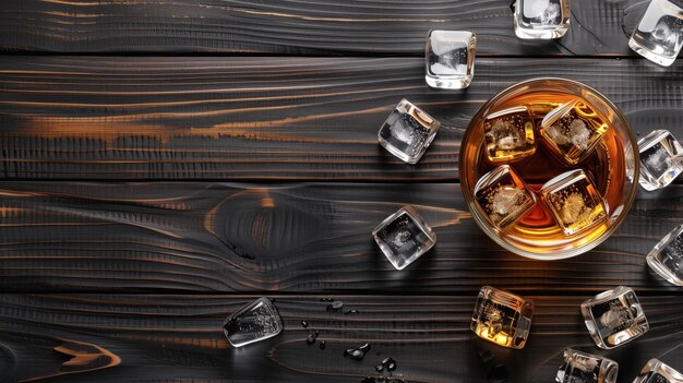 A glass of whiskey sits on a dark wooden table next to ice cubes top view