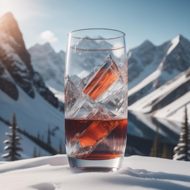 A glass of whiskey sits on a snow covered surface.