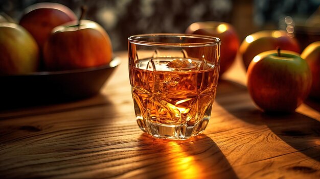 A glass of whiskey sits on a table with apples in the background.