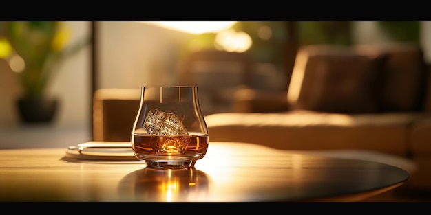 Photo a glass of whiskey sits on a table with a ship in it