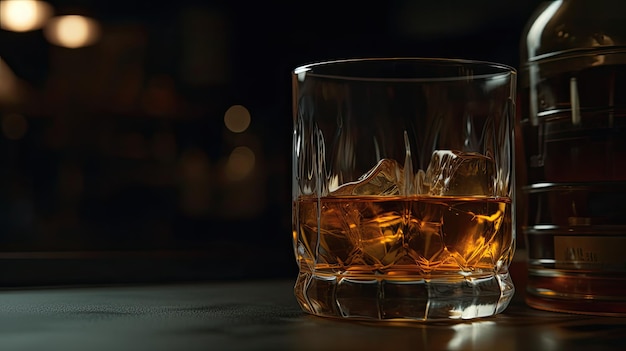 A glass of whiskey sits on a table