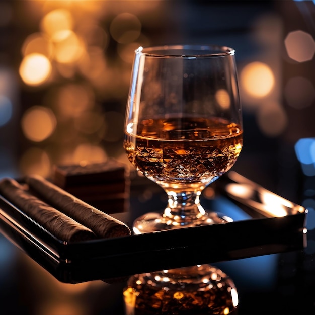 A glass of whiskey sits on a tray next to a cigar.