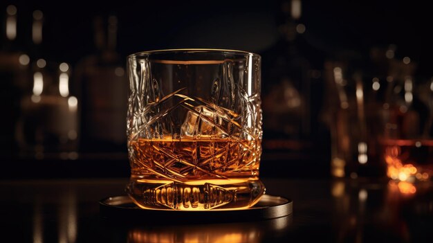 A glass of whiskey on a table with a dark background