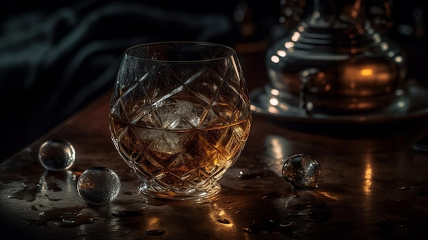 A glass of whiskey on a table with a dark background