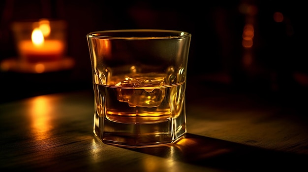 A glass of whiskey on a table with a dark background