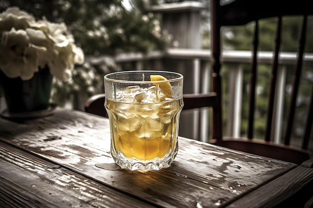 Photo a glass of whiskey on a table with ice cubes and lemons