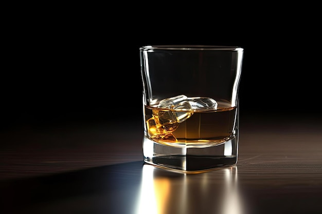 A glass of whiskey on a table with ice cubes