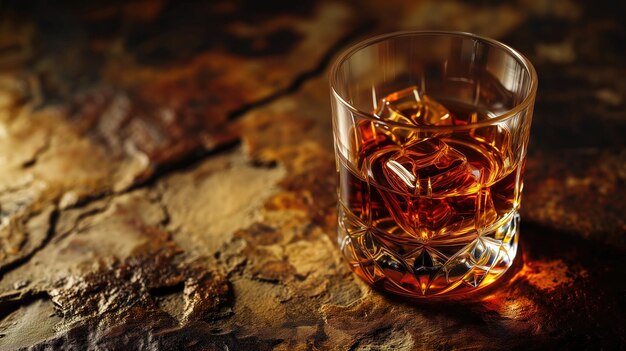 Glass of whiskey on a textured wooden background