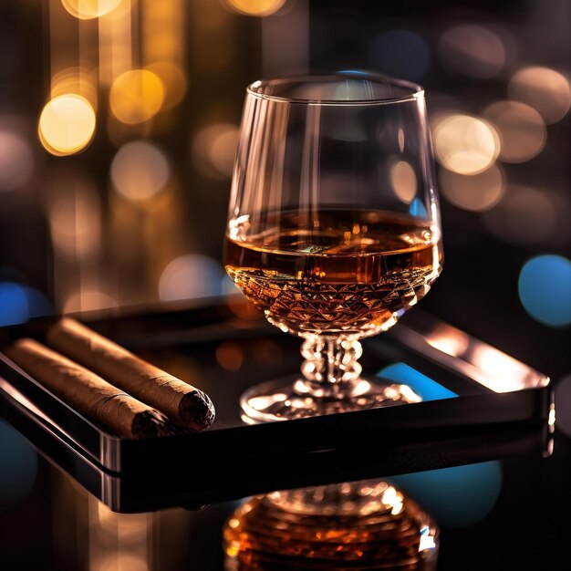 A glass of whiskey next to two cigars on a tray.