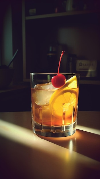 A glass of whiskey with a cherry on top sits on a counter in front of a sign that says " the word " on it. "