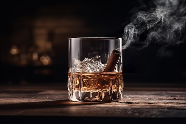 A glass of whiskey with a cigar on it