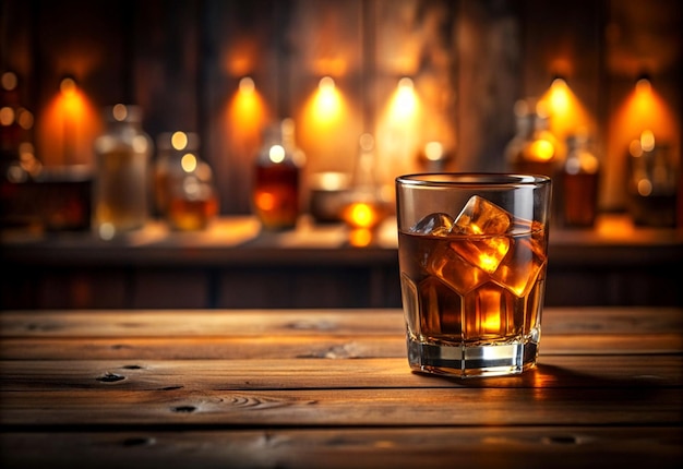 Glass of whiskey with ice on black blurred background of bar Elegant simple glass of luxury whisky