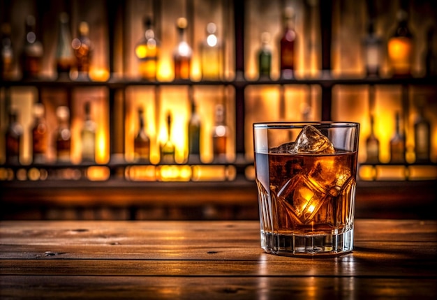 Glass of whiskey with ice on black blurred background of bar Elegant simple glass of luxury whisky