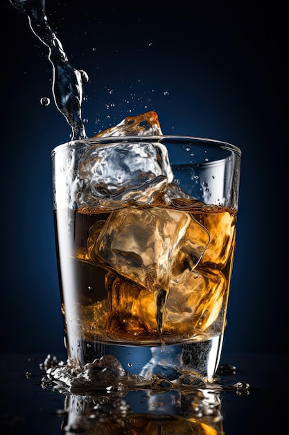 A glass of whiskey with ice and a bottle of whiskey being poured into it.