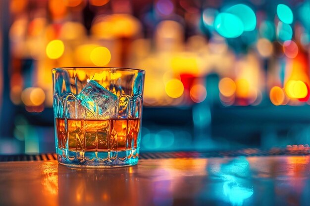 Photo glass of whiskey with ice cubes on bar counter in night club with copy space