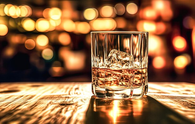 Glass of whiskey with ice cubes on a bar counter in a nightclub