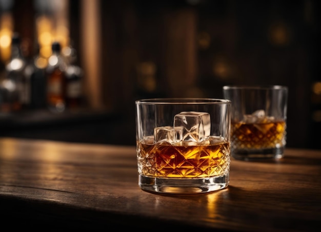 Photo glass of whiskey with ice cubes on bar counter