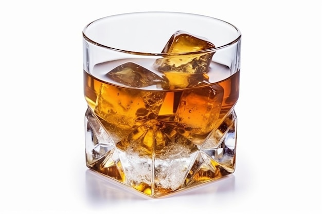 A glass of whiskey with ice cubes on the bottom.