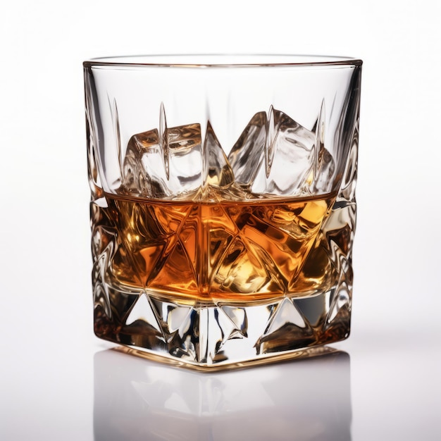 A glass of whiskey with ice cubes in it